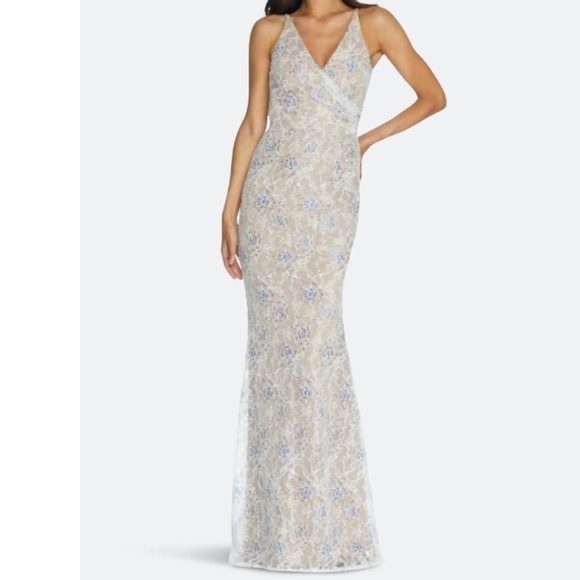 Dress The Population Helen Lace Sleeveless Surplice V-Neck Trumpet Maxi Gown M - Picture 1 of 12